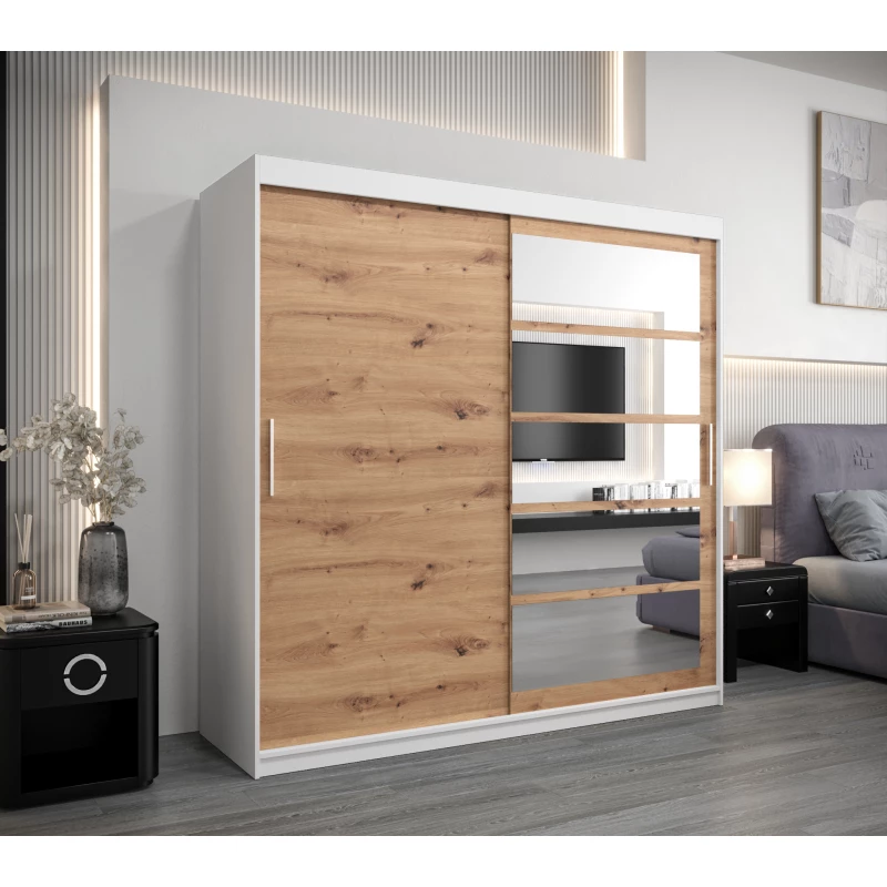 Šatní skříň DENISA - šířka 200 cm, bílá / dub artisan