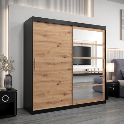 Šatní skříň DENISA - šířka 200 cm, černá / dub artisan