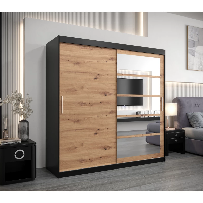 Šatní skříň DENISA - šířka 200 cm, černá / dub artisan