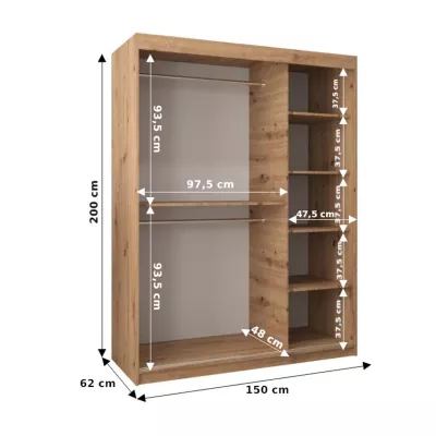 Šatní skříň se zrcadly KARLA - šířka 150 cm, dub artisan / bílá