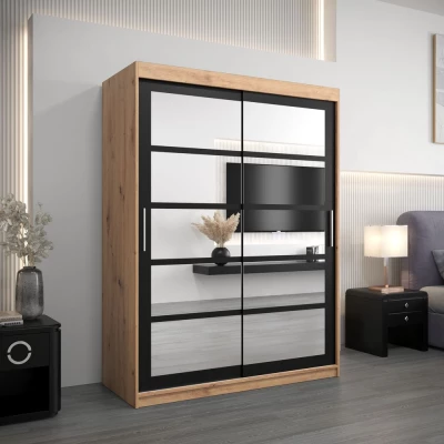 Šatní skříň se zrcadly KARLA - šířka 150 cm, dub artisan / černá