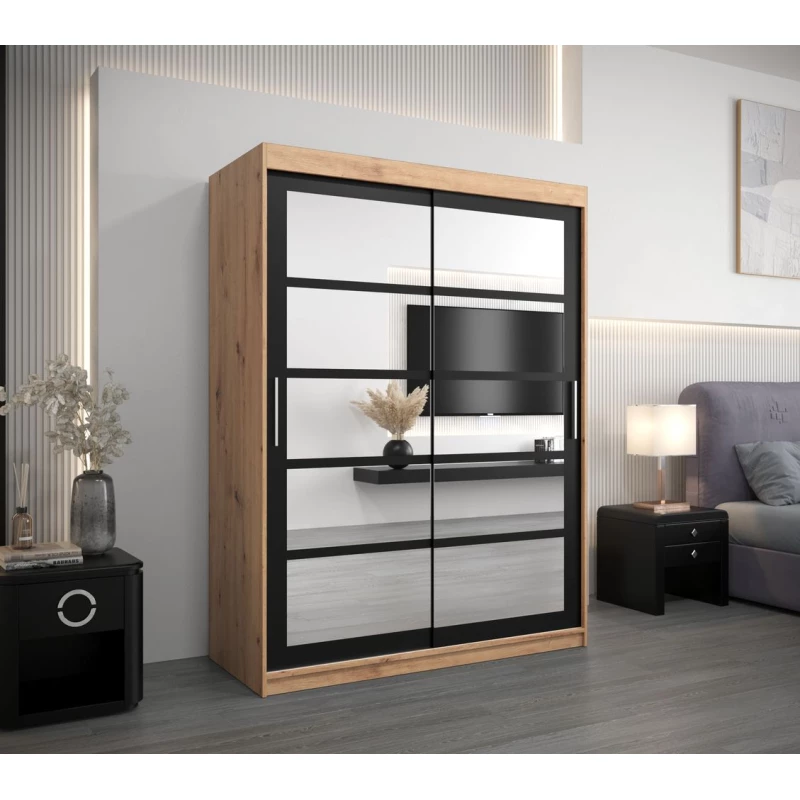 Šatní skříň se zrcadly KARLA - šířka 150 cm, dub artisan / černá