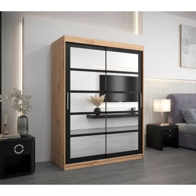 Šatní skříň se zrcadly KARLA - šířka 150 cm, dub artisan / černá