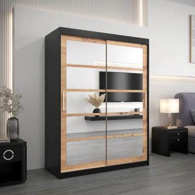 Šatní skříň se zrcadly KARLA - šířka 150 cm, černá / dub artisan