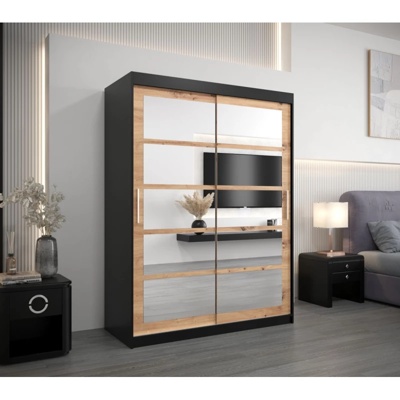 Šatní skříň se zrcadly KARLA - šířka 150 cm, černá / dub artisan
