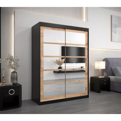Šatní skříň se zrcadly KARLA - šířka 150 cm, černá / dub artisan
