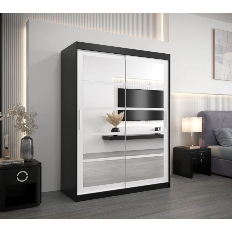 Šatní skříň se zrcadly KARLA - šířka 150 cm, černá / bílá