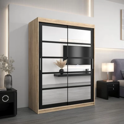 Šatní skříň se zrcadly KARLA - šířka 150 cm, dub sonoma / černá