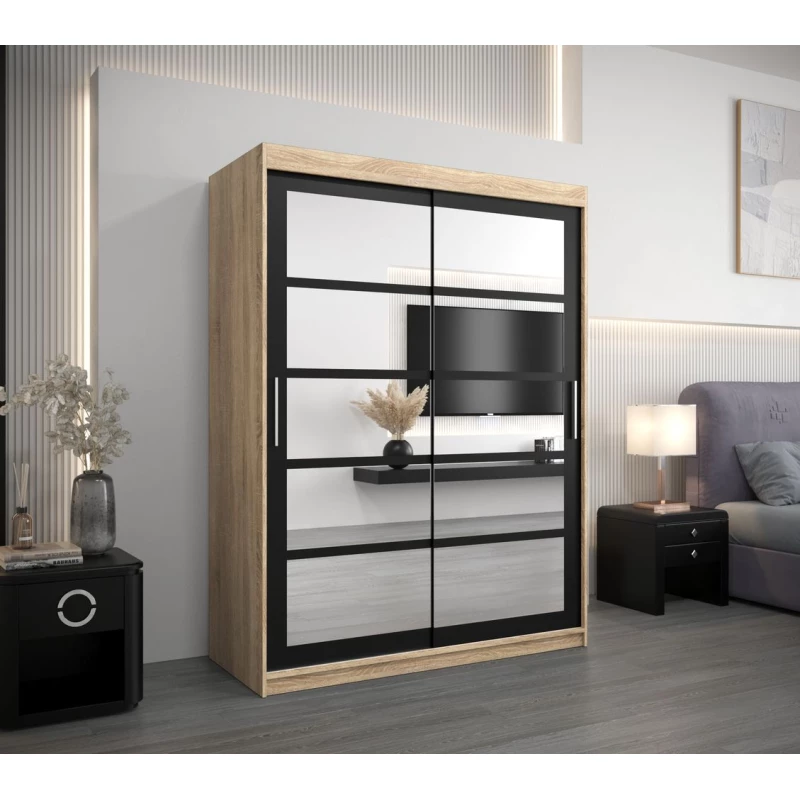 Šatní skříň se zrcadly KARLA - šířka 150 cm, dub sonoma / černá