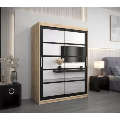 Šatní skříň se zrcadly KARLA - šířka 150 cm, dub sonoma / černá