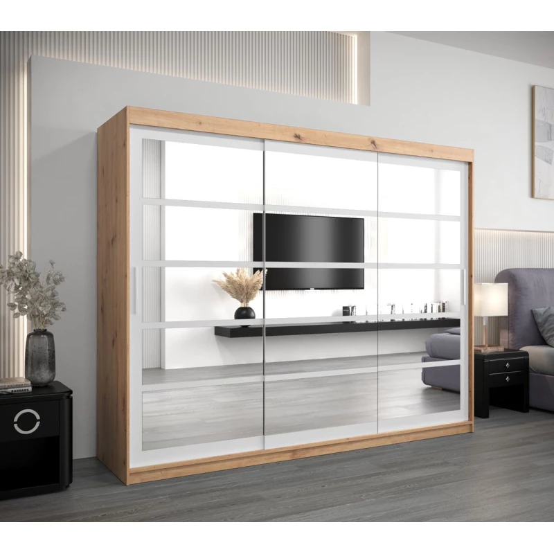 Skříň s posuvnými dveřmi LEONA - šířka 250 cm, dub artisan / bílá