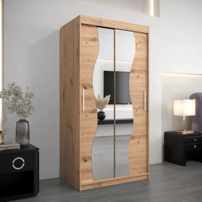 Šatní skříň se zrcadly XEIE - šířka 100 cm, dub artisan