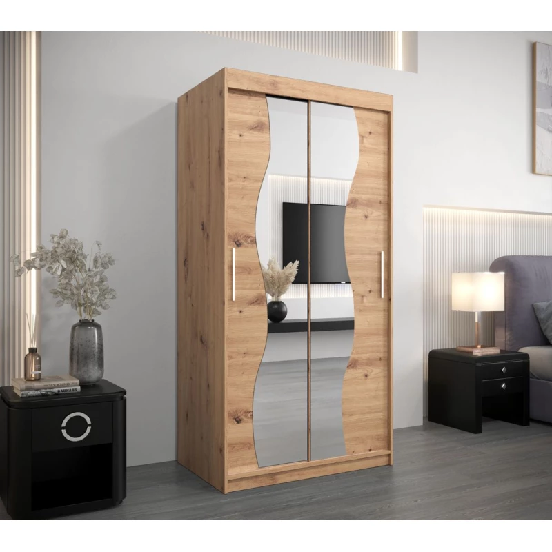 Šatní skříň se zrcadly XEIE - šířka 100 cm, dub artisan
