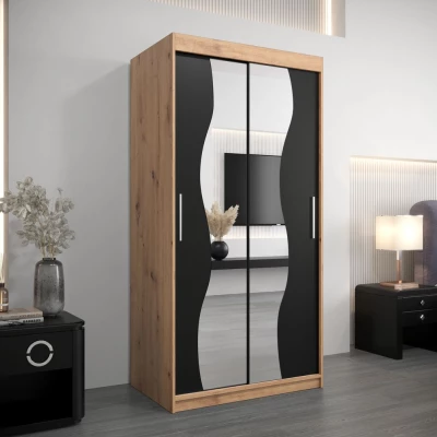 Šatní skříň se zrcadly XEIE - šířka 100 cm, dub artisan / černá
