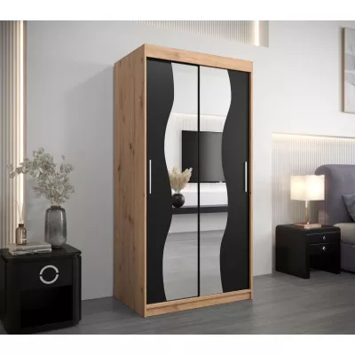 Šatní skříň se zrcadly XEIE - šířka 100 cm, dub artisan / černá