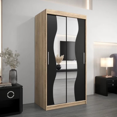 Šatní skříň se zrcadly XEIE - šířka 100 cm, dub sonoma / černá