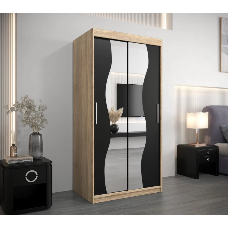 Šatní skříň se zrcadly XEIE - šířka 100 cm, dub sonoma / černá
