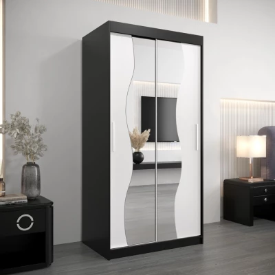 Šatní skříň se zrcadly XEIE - šířka 100 cm, černá / bílá