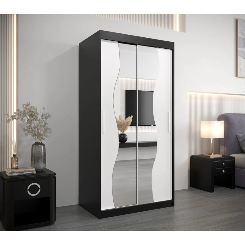 Šatní skříň se zrcadly XEIE - šířka 100 cm, černá / bílá