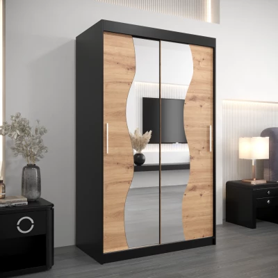 Šatní skříň se zrcadly JUDITA - šířka 120 cm, černá / dub artisan