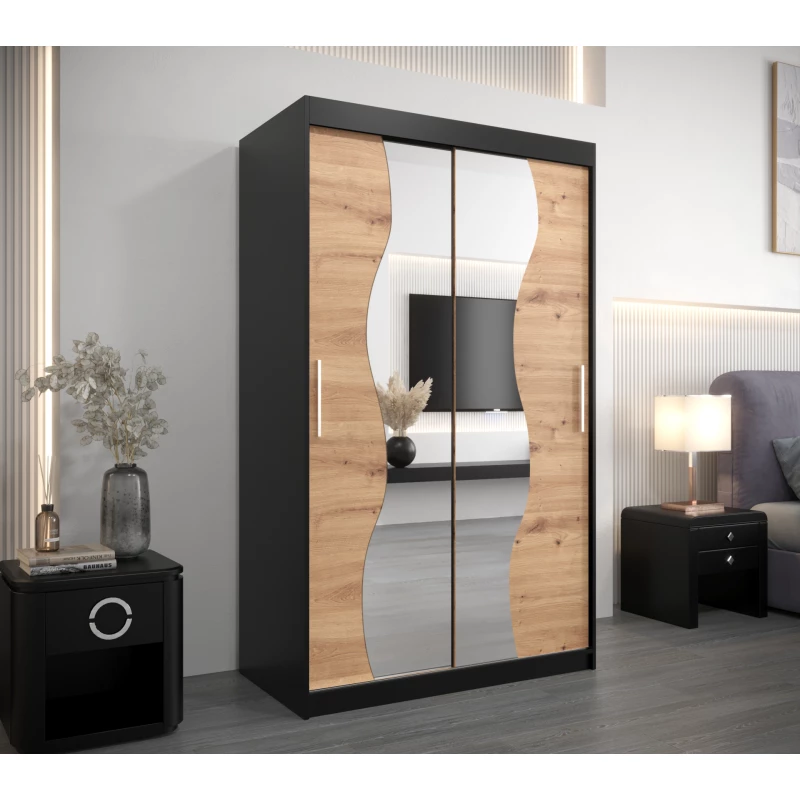 Šatní skříň se zrcadly JUDITA - šířka 120 cm, černá / dub artisan