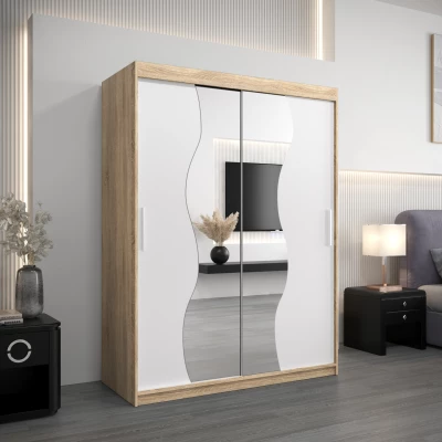 Šatní skříň se zrcadly ULRIKA - šířka 150 cm, dub sonoma / bílá