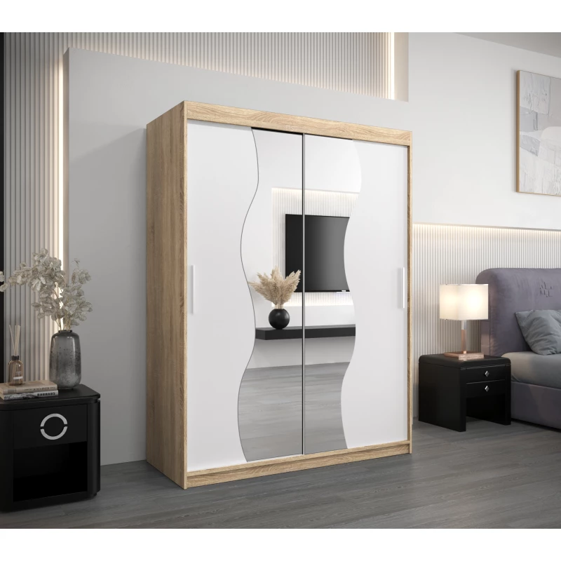 Šatní skříň se zrcadly ULRIKA - šířka 150 cm, dub sonoma / bílá