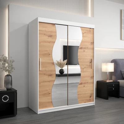 Šatní skříň se zrcadly ULRIKA - šířka 150 cm, bílá / dub artisan