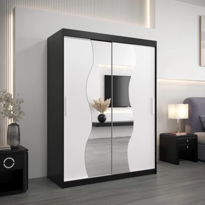 Šatní skříň se zrcadly ULRIKA - šířka 150 cm, černá / bílá