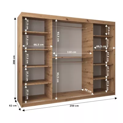 Šatní skříň ROZALIE - šířka 250 cm, dub artisan / bílá