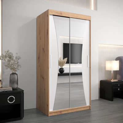 Šatní skříň se zrcadly SYLVIE - šířka 100 cm, dub artisan / bílá