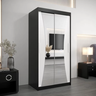 Šatní skříň se zrcadly SYLVIE - šířka 100 cm, černá / bílá