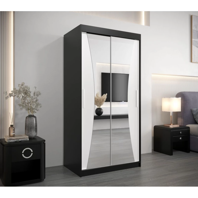 Šatní skříň se zrcadly SYLVIE - šířka 100 cm, černá / bílá