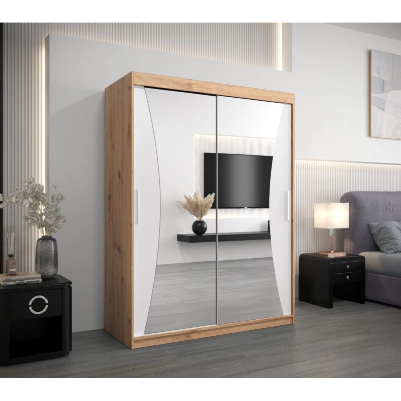 Šatní skříň se zrcadly LADA - šířka 150 cm, dub artisan / bílá