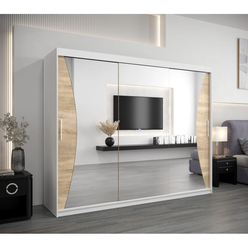 Skříň s posuvnými dveřmi AJA - šířka 250 cm, bílá / dub sonoma