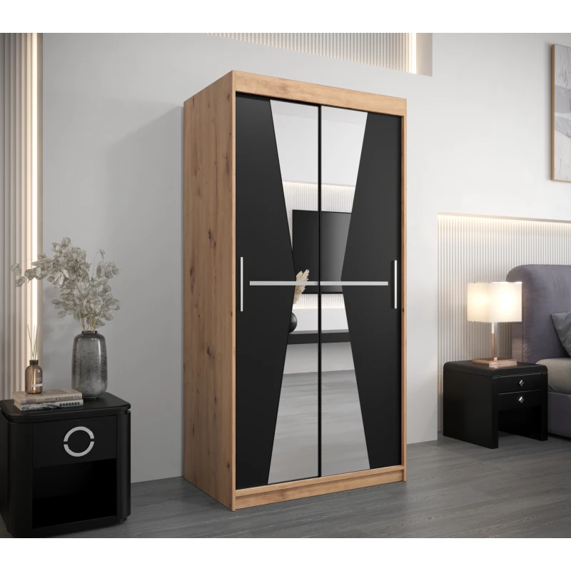 Šatní skříň se zrcadly MILANA - šířka 100 cm, dub artisan / černá