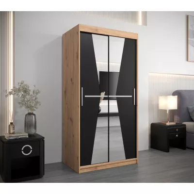 Šatní skříň se zrcadly MILANA - šířka 100 cm, dub artisan / černá
