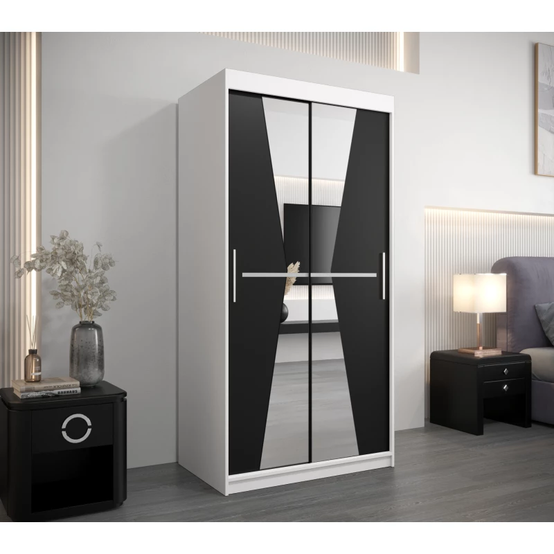 Šatní skříň se zrcadly MILANA - šířka 100 cm, bílá / černá