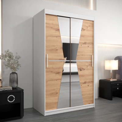 Šatní skříň se zrcadly MILANA - šířka 120 cm, bílá / dub artisan