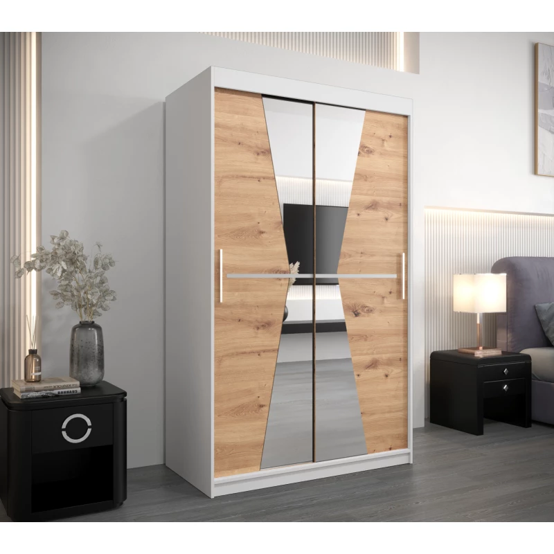 Šatní skříň se zrcadly MILANA - šířka 120 cm, bílá / dub artisan