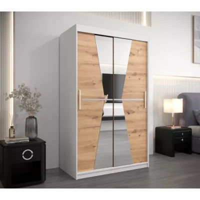 Šatní skříň se zrcadly MILANA - šířka 120 cm, bílá / dub artisan