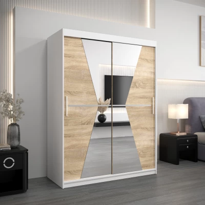 Šatní skříň se zrcadly MILANA - šířka 150 cm, bílá / dub sonoma