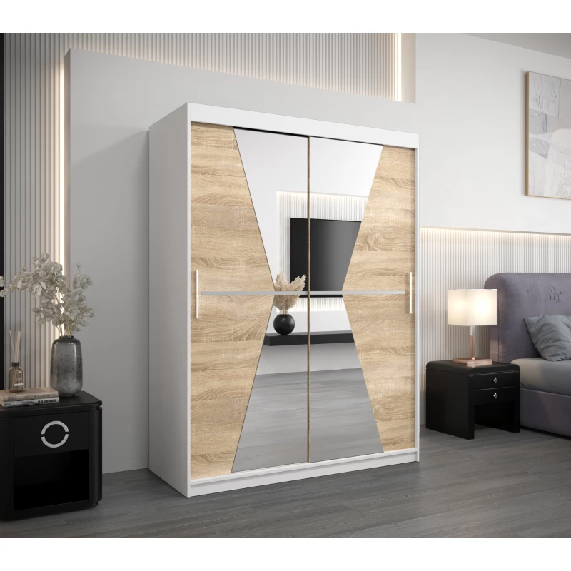 Šatní skříň se zrcadly MILANA - šířka 150 cm, bílá / dub sonoma
