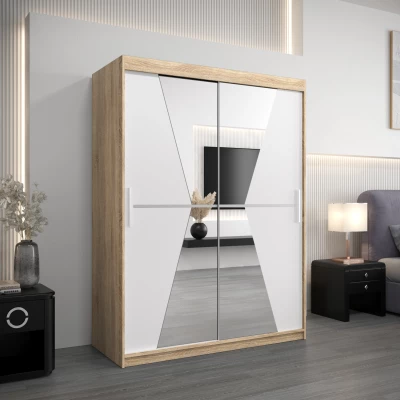 Šatní skříň se zrcadly MILANA - šířka 150 cm, dub sonoma / bílá