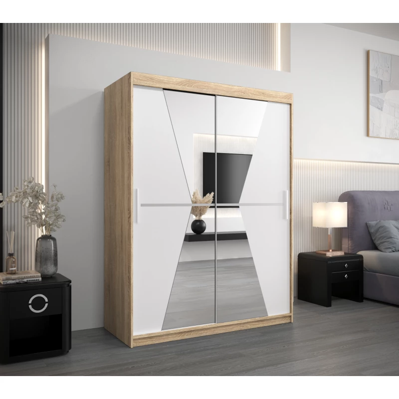 Šatní skříň se zrcadly MILANA - šířka 150 cm, dub sonoma / bílá