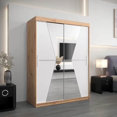 Šatní skříň se zrcadly MILANA - šířka 150 cm, dub artisan / bílá