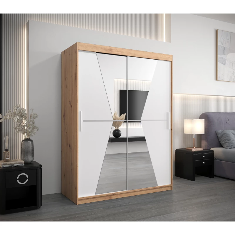 Šatní skříň se zrcadly MILANA - šířka 150 cm, dub artisan / bílá