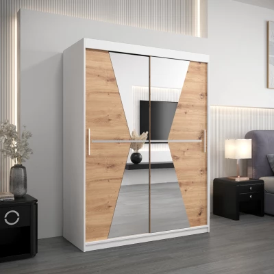 Šatní skříň se zrcadly MILANA - šířka 150 cm, bílá / dub artisan