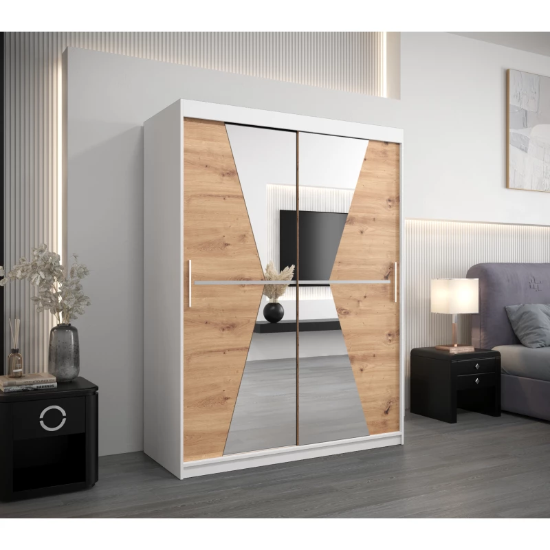 Šatní skříň se zrcadly MILANA - šířka 150 cm, bílá / dub artisan