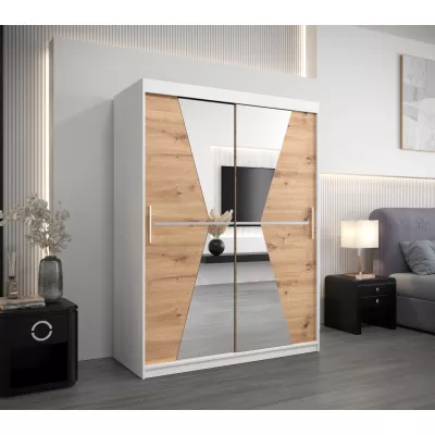 Šatní skříň se zrcadly MILANA - šířka 150 cm, bílá / dub artisan